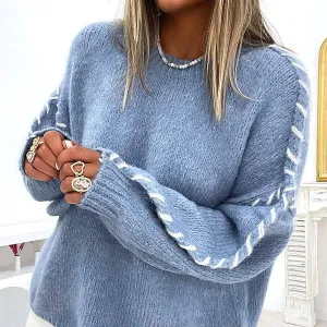 CREW-NECK THREAD DESIGN PULLOVER SWEATER: BLUE / (XL) 1