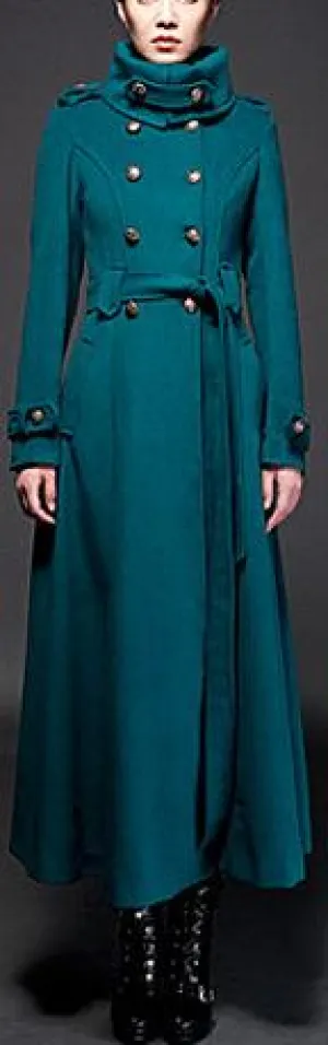 Double-Breasted Long Cashmere Coat, Turquoise/Blue