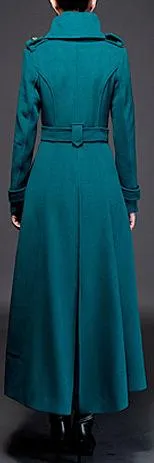 Double-Breasted Long Cashmere Coat, Turquoise/Blue