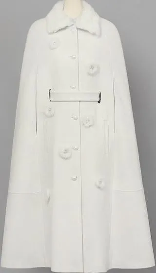 Flower-Appliques Wool Cape-Coat- Snow White