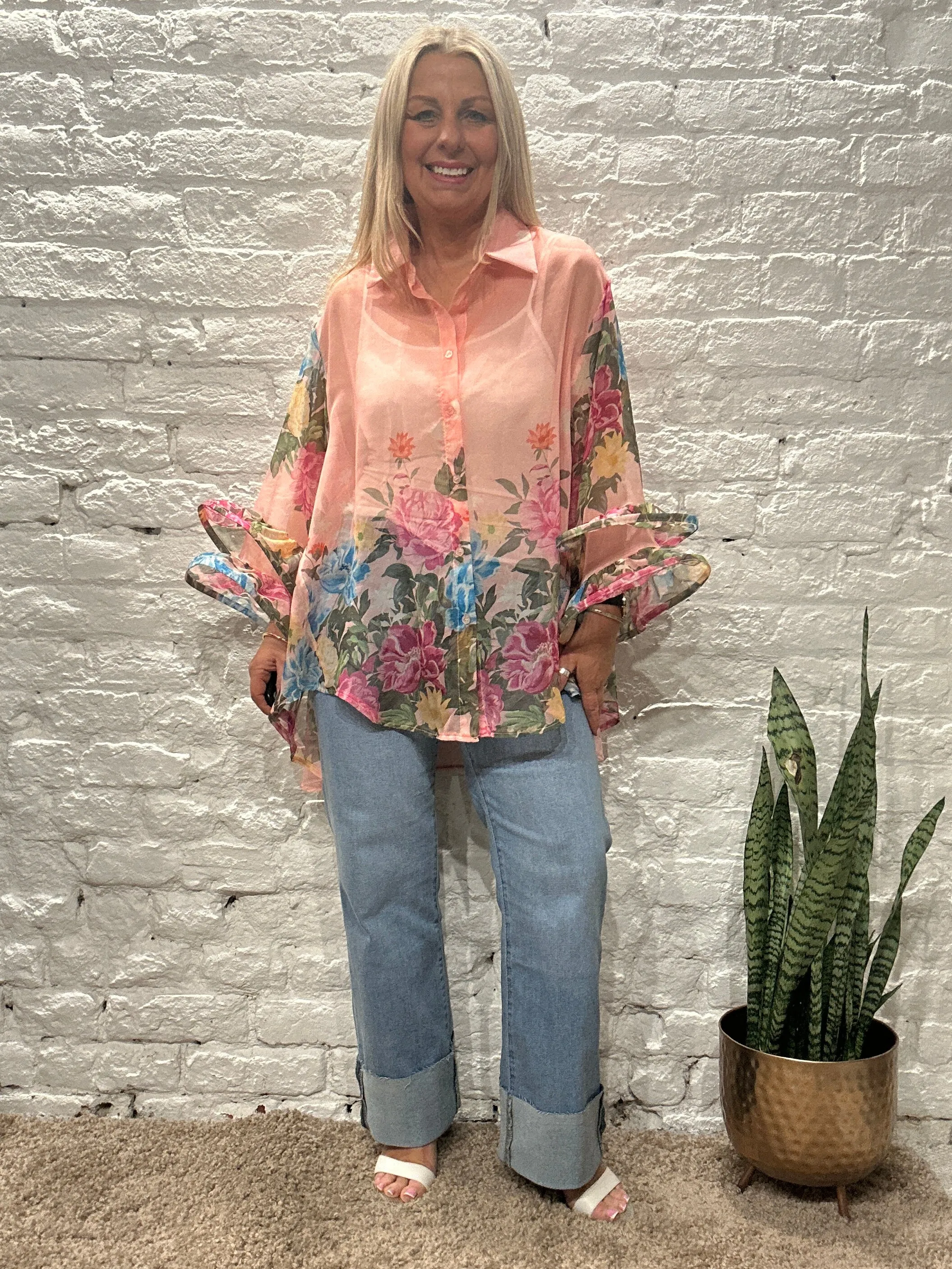 The Romantica Flower Button Through Frill Arm Shirt