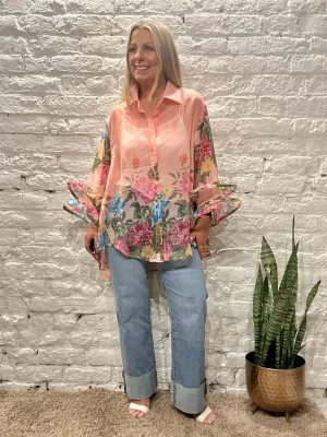 The Romantica Flower Button Through Frill Arm Shirt