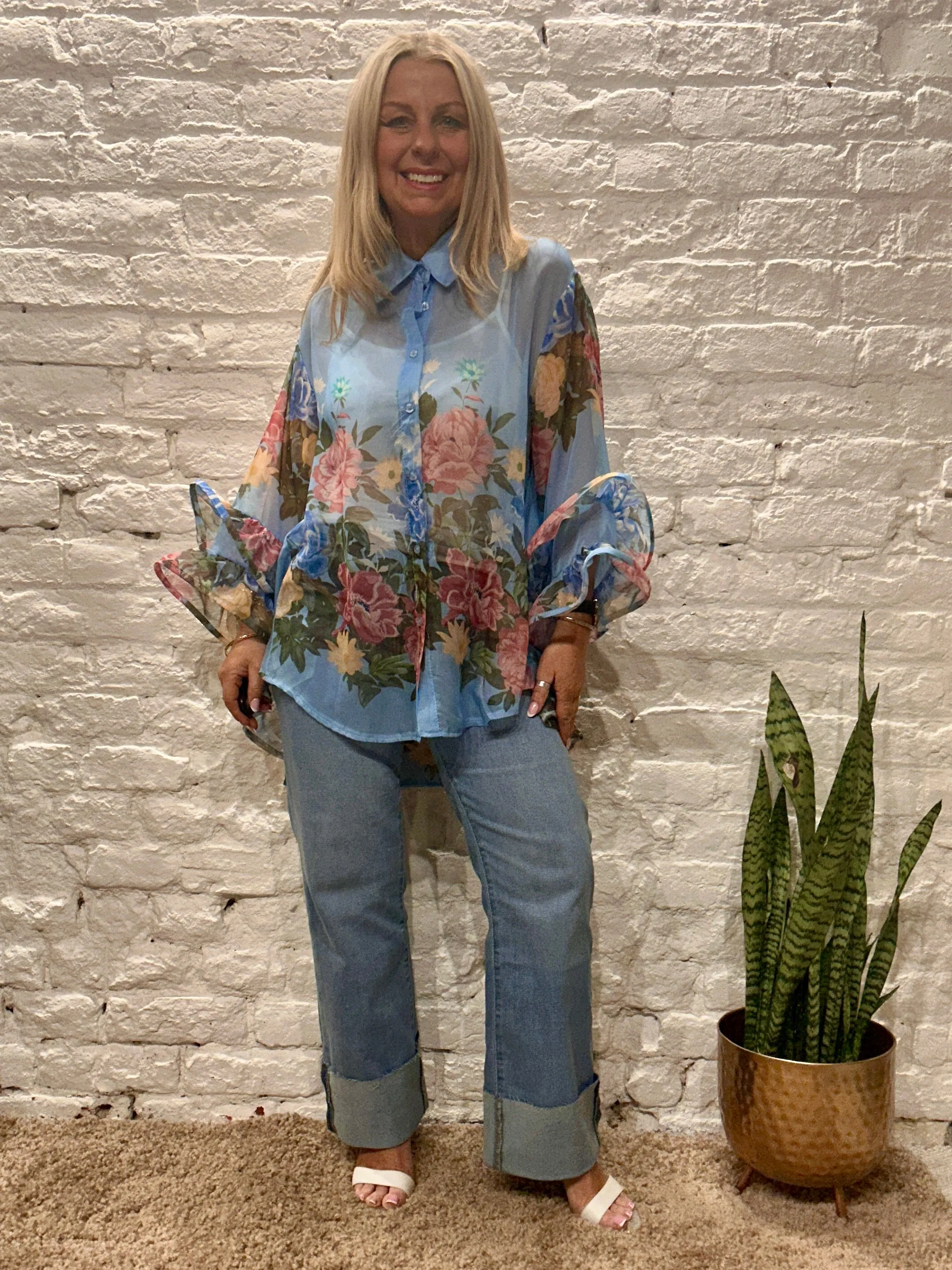 The Romantica Flower Button Through Frill Arm Shirt