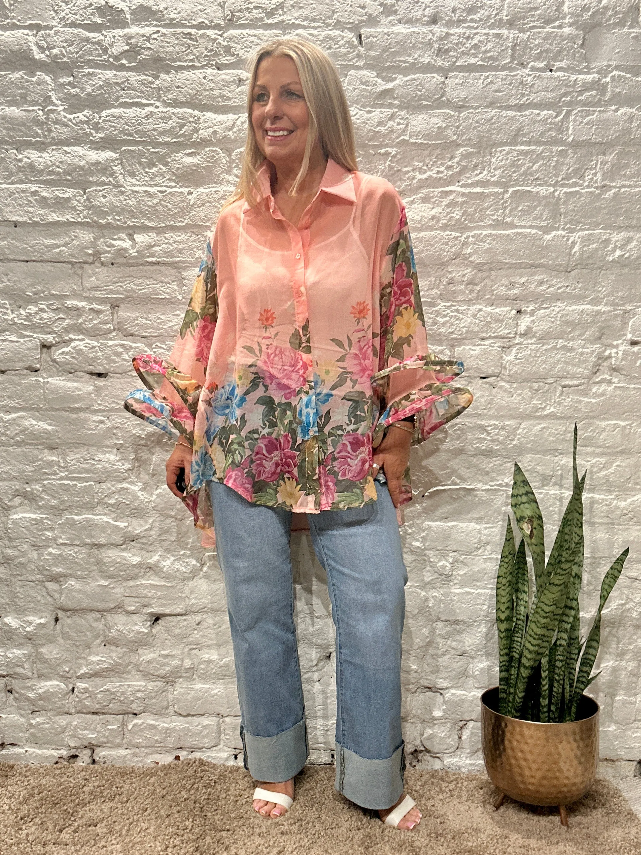 The Romantica Flower Button Through Frill Arm Shirt