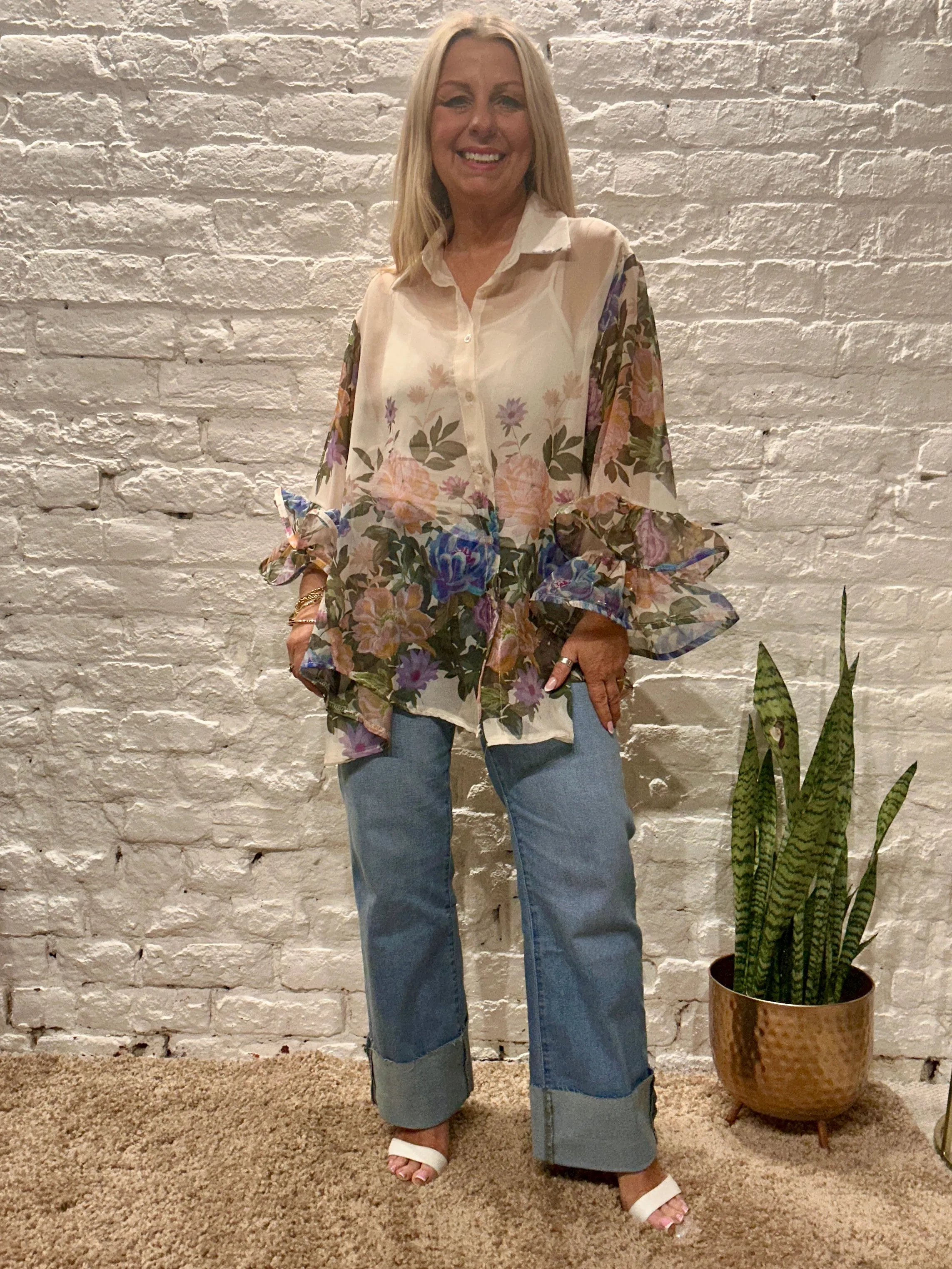 The Romantica Flower Button Through Frill Arm Shirt
