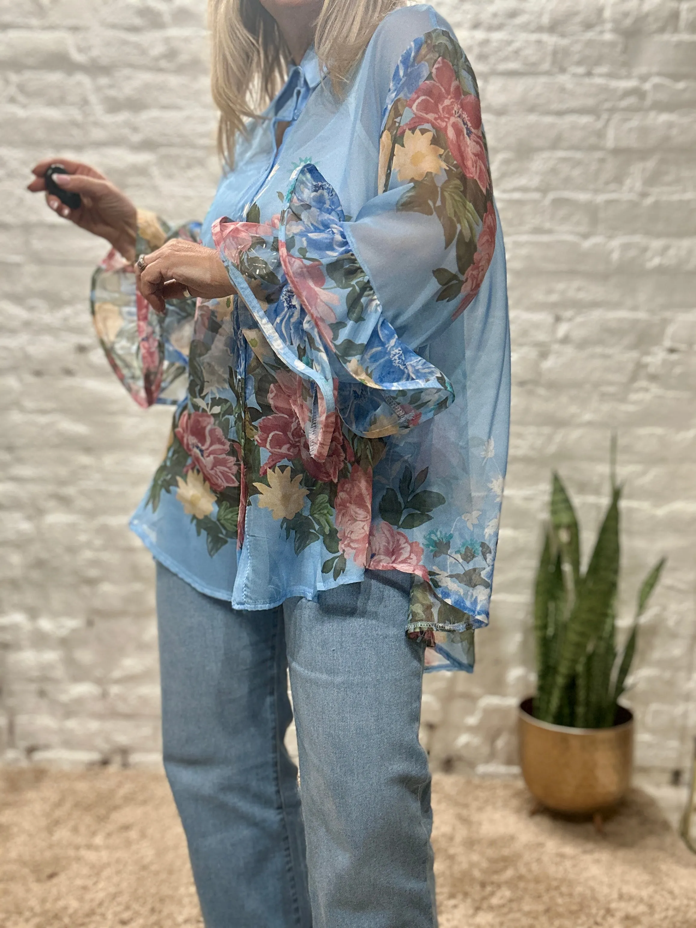 The Romantica Flower Button Through Frill Arm Shirt