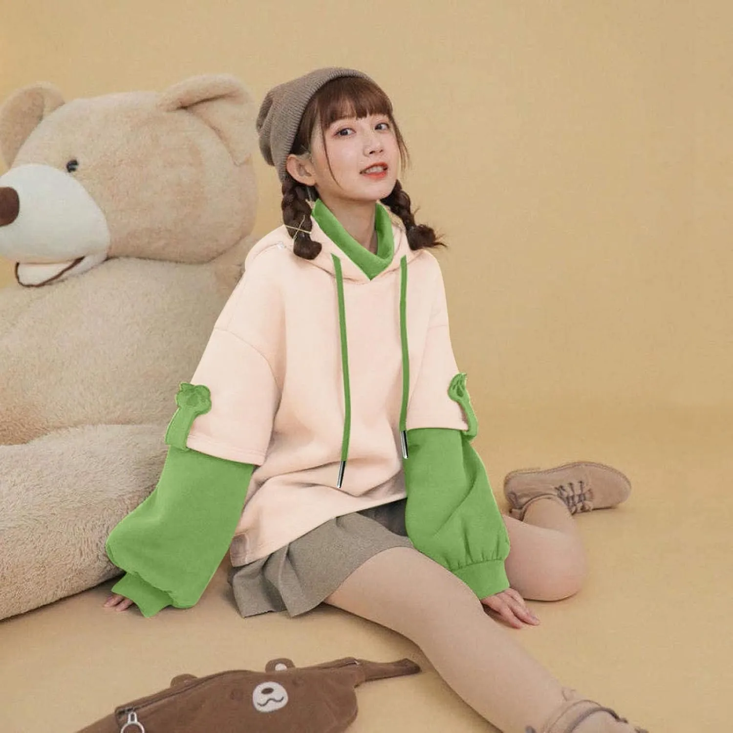 Wkishenl Cute Bear Hoodies for Womens Kawaii Clothes Long Sleeve Aesthetic Sweatshirts Patchwork Shirts with Personality Bag