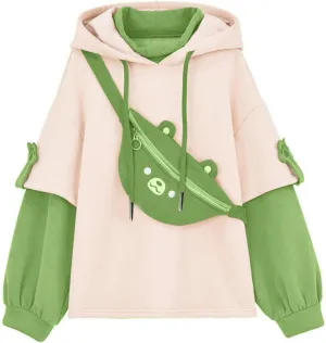 Wkishenl Cute Bear Hoodies for Womens Kawaii Clothes Long Sleeve Aesthetic Sweatshirts Patchwork Shirts with Personality Bag