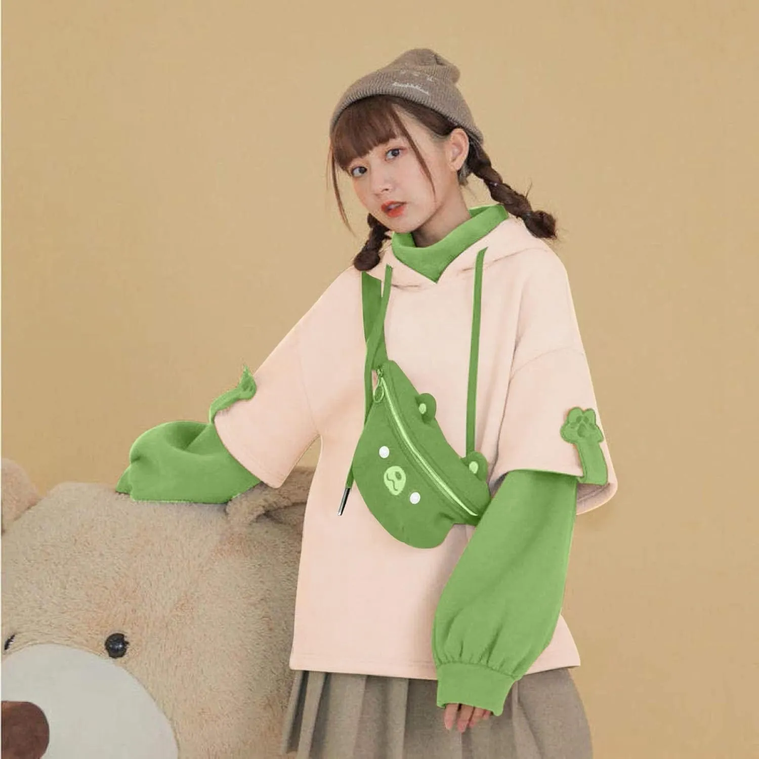Wkishenl Cute Bear Hoodies for Womens Kawaii Clothes Long Sleeve Aesthetic Sweatshirts Patchwork Shirts with Personality Bag