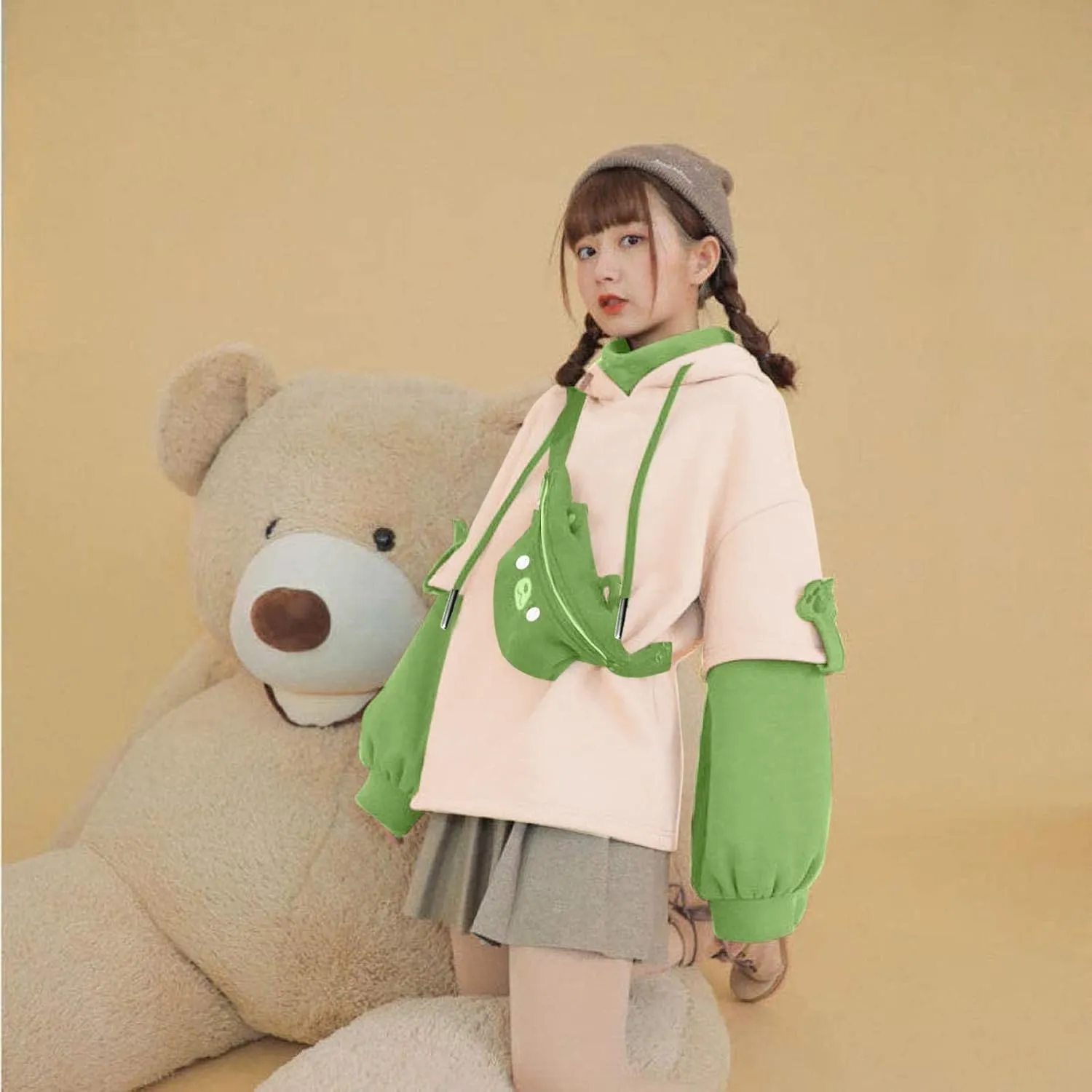 Wkishenl Cute Bear Hoodies for Womens Kawaii Clothes Long Sleeve Aesthetic Sweatshirts Patchwork Shirts with Personality Bag